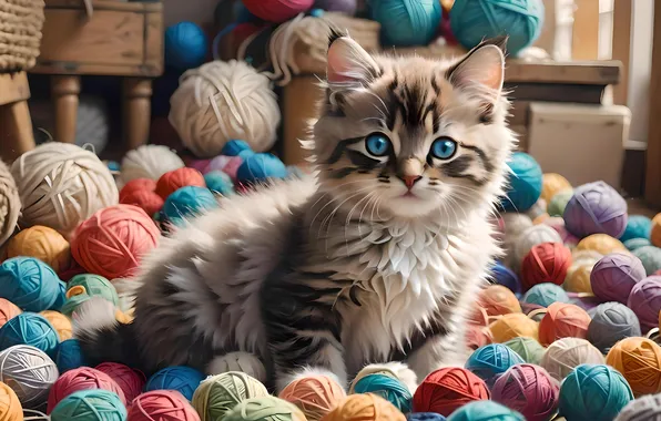 Кошка, взгляд, котенок, мордашка, ИИ-арт, нейросеть