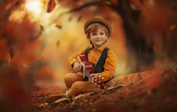 Картинка осень, природа, гитара, мальчик, листопад, ребёнок, Jansone Dace