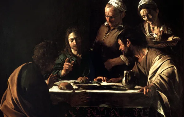 Картинка картина, Ужин в Эммаусе, Караваджо, мифология, Микеланджело Меризи да Караваджо