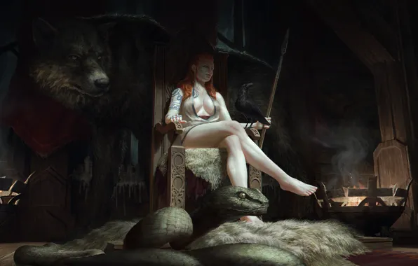 Girl, fantasy, snake, crow, tattoo, wolf, redhead, artist