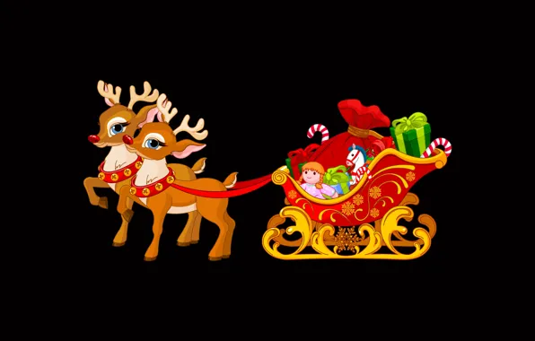 Коробка, игрушки, графика, кукла, Рождество, подарки, Новый год, черный фон