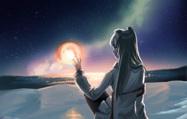 Девушка, снег, ночь, огонь, магия, северное сияние, фэнтези, Arknights