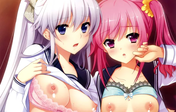 Girl, sexy, lingerie, bra, pink hair, nipples, boobs, anime