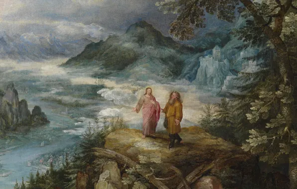 Картинка картина, религия, мифология, Ян Брейгель старший, Горный Пейзаж с Искушением Христа