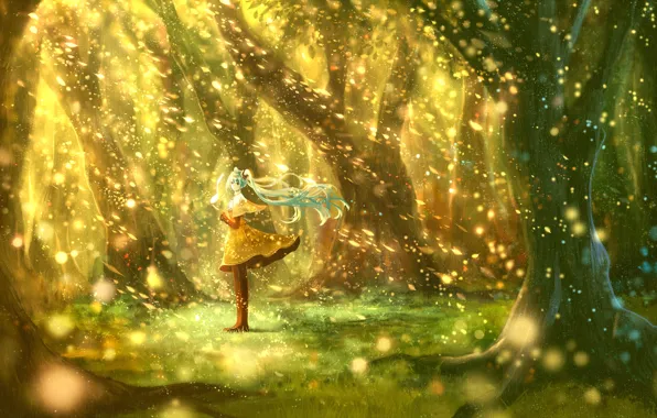 Девушка, деревья, природа, аниме, арт, нота, vocaloid, hatsune miku
