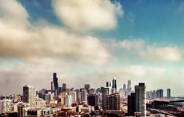 Небо, город, небоскребы, Чикаго, панорама, Chicago, Иллиноис