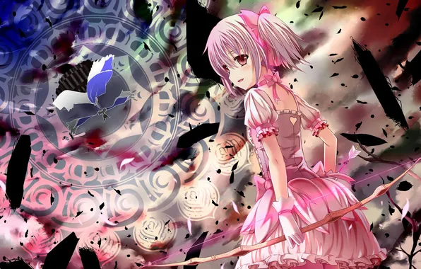 Картинка девушка, магия, лук, пентаграмма, mahou shoujo madoka magica, kaname madoka