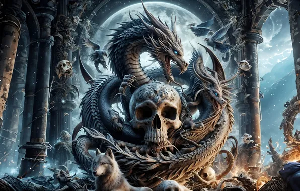 Картинка skull, fantasy, wolf, dragon