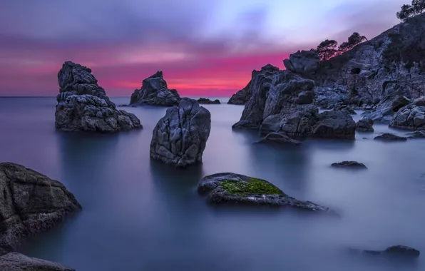 Картинка море, пейзаж, закат, природа, скалы, Испания, Lloret de Mar, Льорет-де-Мар