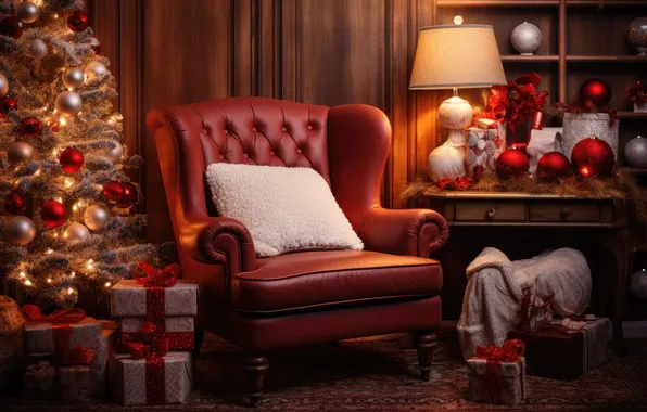 Картинка комната, елка, интерьер, кресло, Рождество, Новый год, Christmas, view
