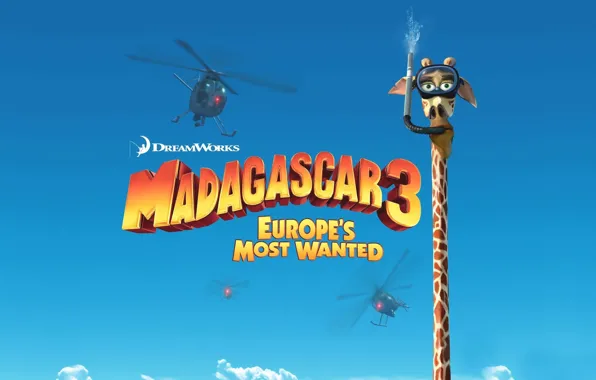Картинка Небо, Море, Жираф, DreamWorks, Мадагаскар, Madagascar, Вертолеты, Мультфильм