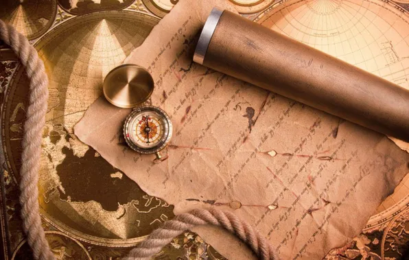 Картинка карта, канат, путешествие, подзорная труба, compass, telescope, maps, old letters