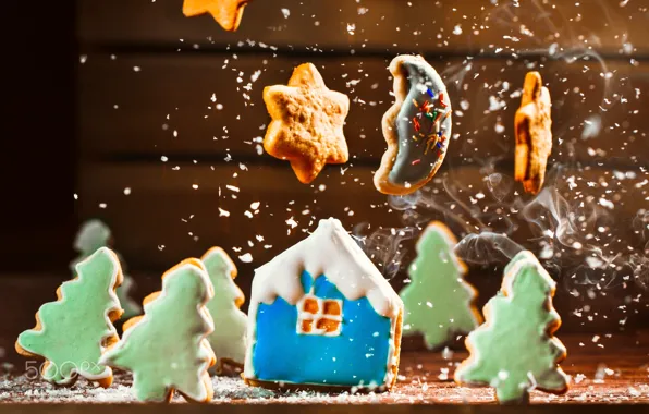 Картинка снег, новый год, печенье, домик, стружка кокоса
