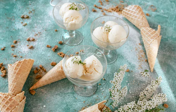 Шарики, цветы, весна, мороженое, креманки, черемуха, вафельные рожки