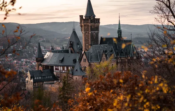 Осень, пейзаж, горы, природа, город, замок, дома, Германия