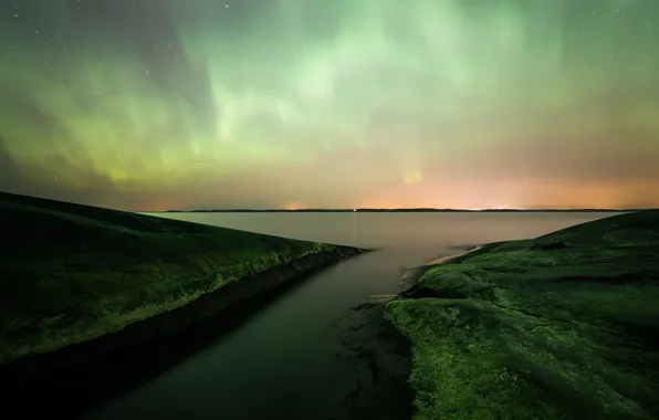 Картинка небо, звезды, ночь, камни, северное сияние, панорама, Финляндия
