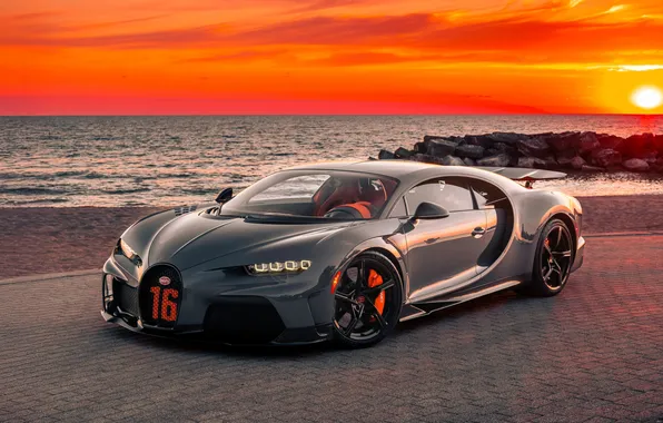 Море, закат, вечер, Bugatti, суперкар, supercar, V16, красивый пейзаж