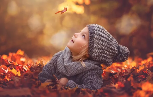 Осень, листья, настроение, листва, шапка, девочка, листик, боке