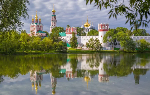 Деревья, отражение, река, Москва, Россия, архитектура, монастырь, Москва-река