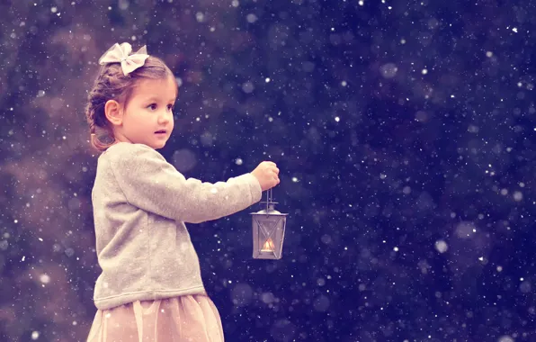 Картинка снег, Рождество, девочка, фонарь