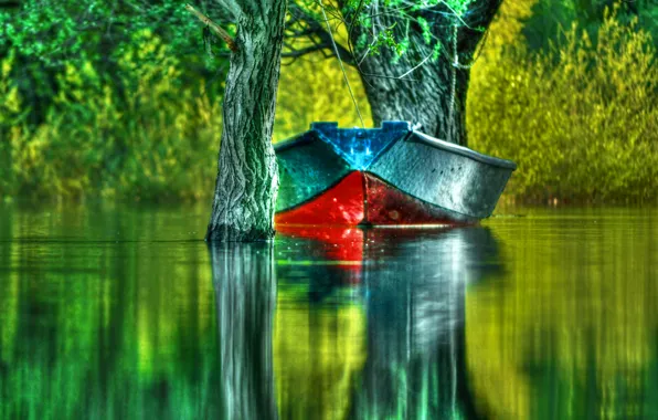 Green, forest, landscape, lake, boat, boating, hdri