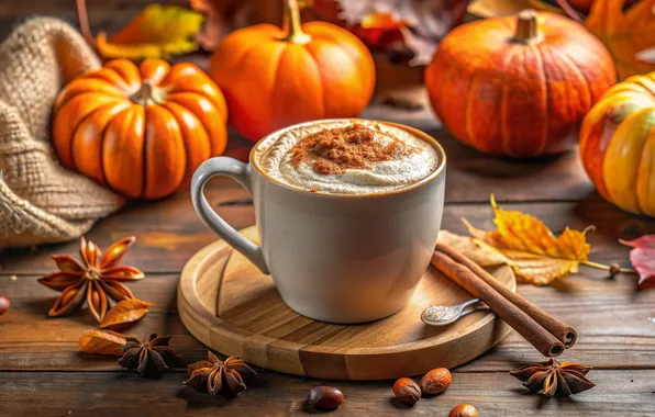 Картинка осень, листья, тыква, autumn, leaves, coffee cup, pumpkin, cozy