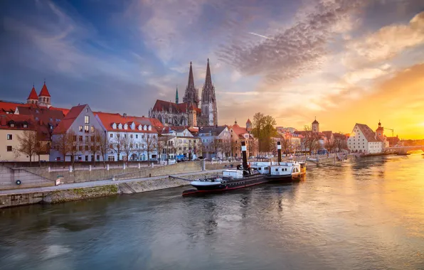 Картинка небо, закат, река, здания, дома, Германия, Бавария, пароход