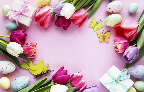 Цветы, яйца, весна, colorful, Пасха, тюльпаны, happy, pink