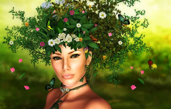 Картинка девушка, бабочки, цветы, пыльца, Природа