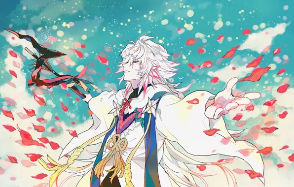 Улыбка, лепестки, посох, Маг, Мерлин, Fate / Stay Night, Fate / Grand Order, Судьба великая …