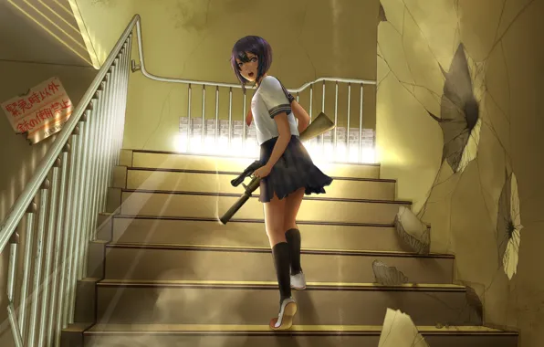 Картинка оружие, школьница, Gun, бежит, лестнице