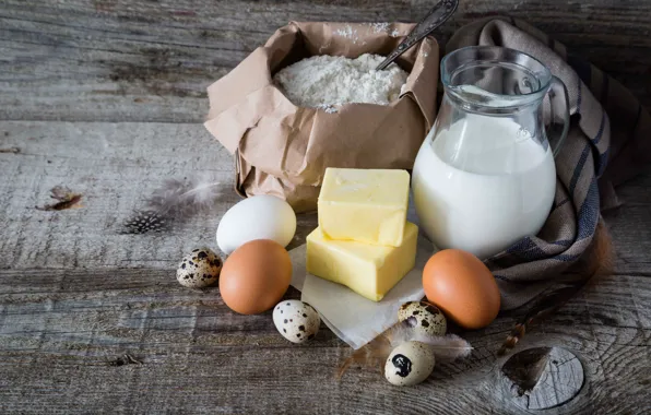 Стол, яйцо, масло, молоко, выпечка, background, мука, Baking