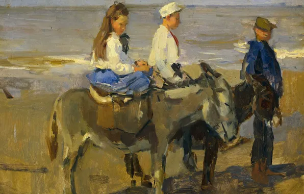Картина, жанровая, Исаак Исраэлс, Мальчик и Девочка на Ослах