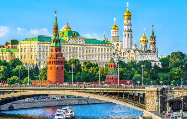 Картинка red, summer, bridge, architecture, boat, moskva, day, kremlin