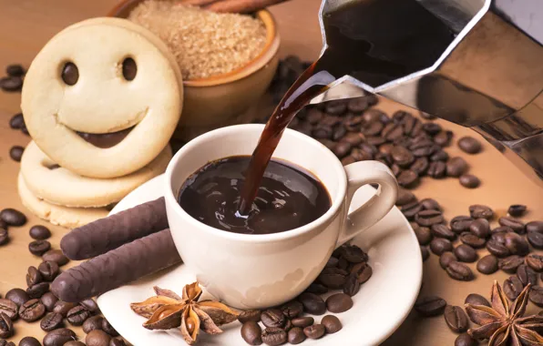 Картинка настроение, кофе, печенье, напиток, корица, шоколадные палочки, анис, чашка кофе