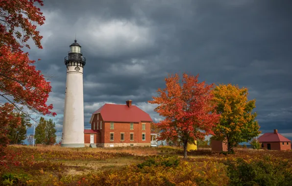 Осень, деревья, маяк, дома, Мичиган, Michigan, Au Sable Light Station, Grand Marais