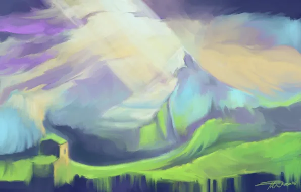 Картинка свет, горы, дом, арт, нарисованный пейзаж, Snowmarite