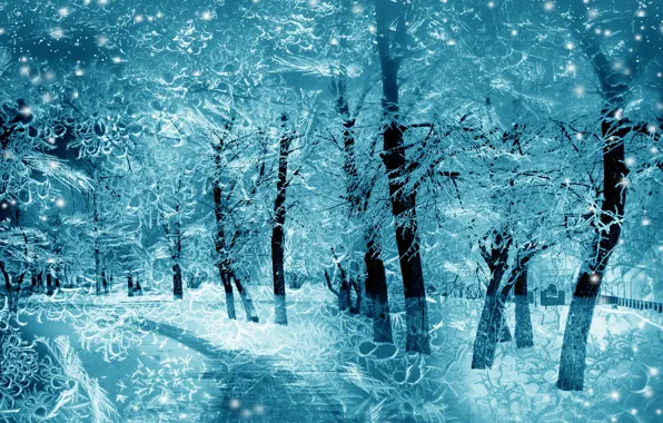 Картинка зима, снег, деревья, снежинки, природа, nature, winter, snow