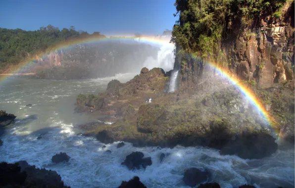 Картинка брызги, радуга, поток, водопады, Аргентина, Игуасу, «Большая вода», считается восьмым чудом света