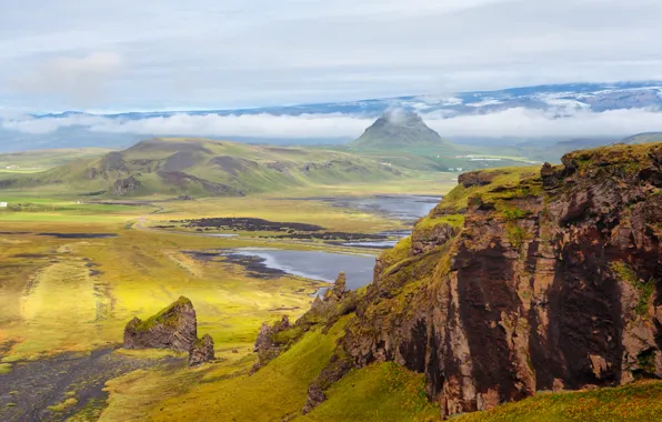 Картинка небо, трава, облака, цветы, горы, скалы, склоны, Исландия