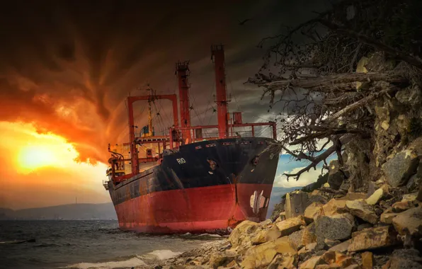 Картинка шторм, камни, корабль, судно, сухогруз, на мели, Павел Сагайдак