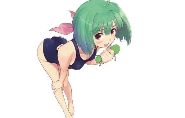 Купальник, девочка, белый фон, зеленые волосы, art, Macross Frontier, Tony Taka, Ranka Lee