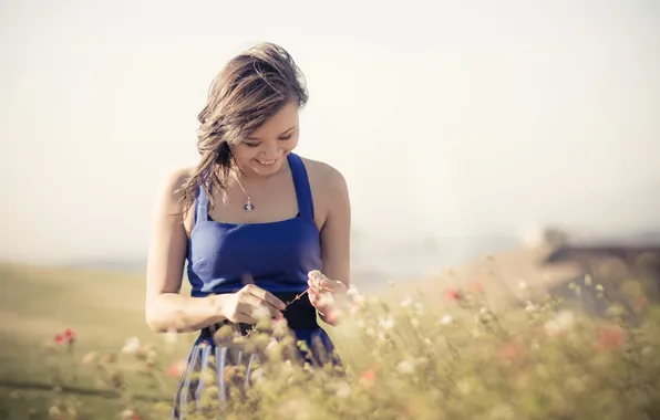 Field, smile, flowers, bokeh, joy, necklace, blue dress