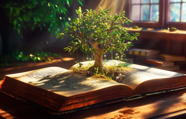 Trees, digital art, plants, books, AI art