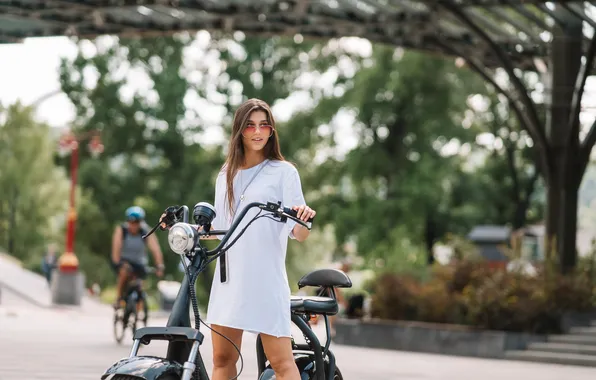 Картинка girl, summer, dress, bike, cute, sunglasses