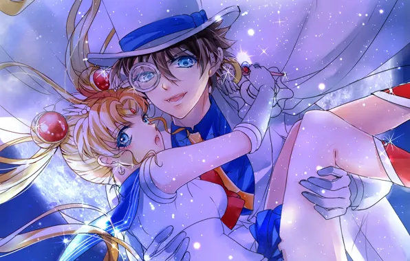 Девушка, аниме, арт, парень, кроссовер, sailor moon, tsukino usagi, magic kaito