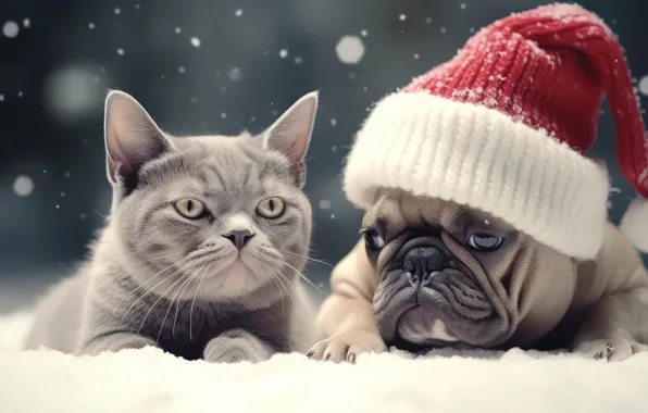 Зима, кошка, кот, взгляд, снег, серый, собака, Рождество