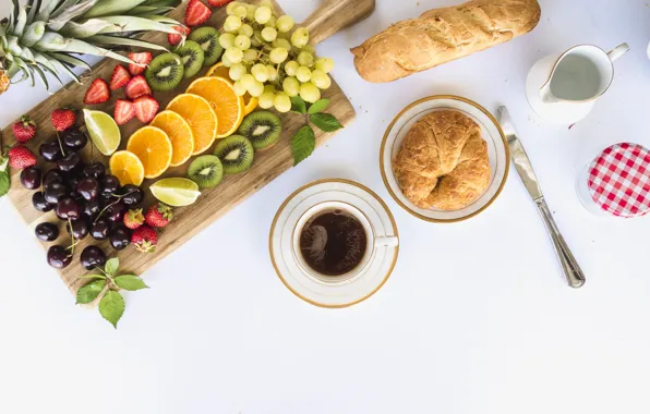 Завтрак, молоко, хлеб, фрукты, выпечка, джем, bread, breakfast