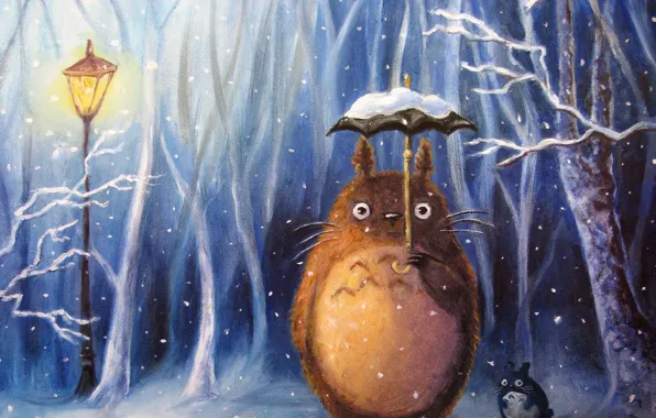 Картинка зима, снег, зонт, аниме, арт, фонарь, мой сосед тоторо, totoro