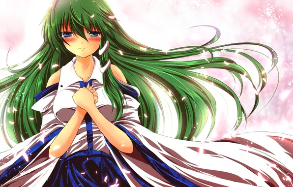 Картинка девушка, лепестки, арт, зеленые волосы, touhou, kochiya sanae, nekominase